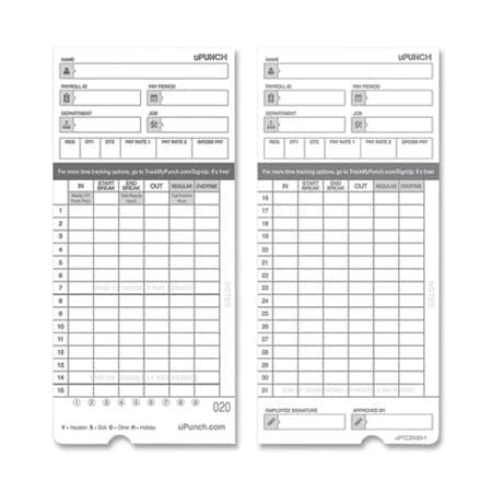 Workwell Technologies Time Clock Cards For Upunch Hn4000, Two Sides, 7.37 X 3.37, 50PK HNTCL2050